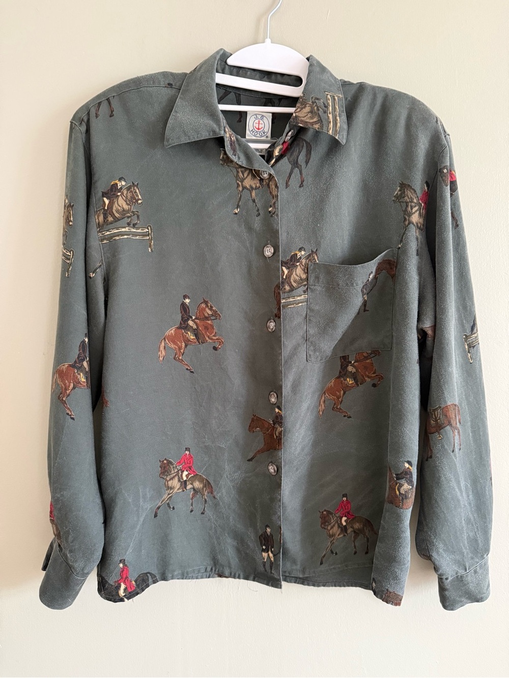 Vintage J.G. Hook Equestrian Horse Riding Button Down Shirt Size 12 Green Gray